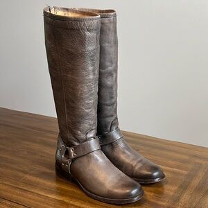 Frye Phillip Harness Tall Leather Riding Boots Gray 3476849 Womens Size 8.5 B